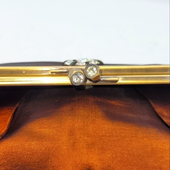 Vintage Burnt Copper Satin Fold-Over Clutch | Rhinestone Flower Details